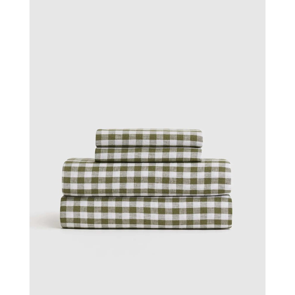 Quince European Linen Queen Sheet Set 4pc Olive Green Gingham Check NWT